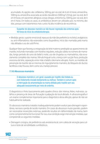 Atenção à Saúde do Recém-Nascido
Guia para os Profissionais de Saúde
142
Ministério da Saúde
acumulado. As opções são: cefalexina, 500mg, por via oral, de 6 em 6 horas; amoxicilina,
500mg ou amoxicilina associada ao ácido clavulânico (500mg/125mg), por via oral, de 8
em 8 horas; em pacientes alérgicas a essas drogas, eritromicina, 500mg, por via oral, de 6
em 6 horas. Em todos os casos, os antibióticos devem ser utilizados por, no mínimo, dez
dias, porque com tratamentos mais curtos há alta incidência de recorrência.
Suspeitar de abscesso mamário se não houver regressão dos sintomas após
48 horas do início da antiobioticoterapia.
•	Medidas gerais: suporte emocional; repouso da mãe (de preferência no leito); analgésicos
ou anti-inflamatórios não-esteroides como ibuprofeno; início das mamadas pela mama
não afetada e uso de sutiã firme.
Qualquer fator que favoreça a estagnação do leite materno predispõe ao aparecimento de
mastite, incluindo mamadas com horários regulares, redução súbita no número de mama-
das, longo período de sono do bebê à noite, uso de chupetas ou mamadeiras, não esva-
ziamento completo das mamas, frênulo lingual curto, criança com sucção fraca, produção
excessiva de leite, separação entre mãe e bebê e desmame abrupto. Assim, as medidas de
prevenção da mastite são as mesmas do ingurgitamento mamário, do bloqueio de ductos
lactíferos e das fissuras, bem como seu manejo precoce.
7.10 Abscesso mamário
O abscesso mamário é, em geral, causado por mastite não tratada ou
com tratamento iniciado tardiamente ou ineficaz.Também é comum após
a interrupção da amamentação na mama afetada pela mastite sem seu
adequado esvaziamento por meio de ordenha.
O diagnóstico é feito basicamente pelo quadro clínico: dor intensa, febre, mal-estar, ca-
lafrios e presença de áreas de flutuação à palpação do local afetado. A ultrassonografia é
um exame complementar importante para o diagnóstico dessa afecção, apesar de não ser
habitualmente realizada.
Os abscessos mamários tratados inadequadamente podem evoluir para drenagem espon-
tânea, necrose e perda de tecido mamário. Em casos de abscessos muito grandes, podem
ser necessárias ressecções extensas, podendo resultar em deformidades da mama, bem
como comprometimento funcional. Por isso, essa condição exige intervenção imediata, que
compreende as seguintes medidas:
•	Drenagem cirúrgica, de preferência sob anestesia local, com coleta de secreção para cul-
tura e teste de sensibilidade a antibióticos.
 