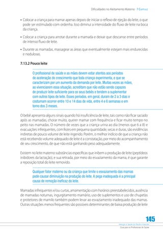 Atenção à Saúde do Recém-Nascido
Guia para os Profissionais de Saúde
145
Dificuldades no Aleitamento Materno 7 Capítulo
•	Colocar a criança para mamar apenas depois de iniciar o reflexo de ejeção do leite, o que
pode ser estimulado com ordenha. Isso diminui a intensidade do fluxo de leite na boca
da criança.
•	Colocar a criança para arrotar durante a mamada e deixar que descanse entre períodos
de intenso fluxo de leite.
•	Durante as mamadas, massagear as áreas que eventualmente estejam mais endurecidas
e nodulosas.
7.13.2 Pouco leite
O profissional de saúde e as mães devem estar atentos aos períodos
de aceleração do crescimento que toda criança experimenta, e que se
caracterizam por um aumento da demanda por leite. Muitas vezes as mães,
ao vivenciarem essa situação, acreditam que não estão sendo capazes
de produzir leite suficiente para os seus bebês e tendem a suplementar
com outros tipos de leite. Esses períodos, em geral, duram de 2 a 3 dias e
costumam ocorrer entre 10 e 14 dias de vida, entre 4 e 6 semanas e em
torno dos 3 meses.
O bebê apresenta alguns sinais quando há insuficiência de leite, tais como não ficar saciado
após as mamadas, chorar muito, querer mamar com frequência e ficar muito tempo no
peito nas mamadas. O número de vezes que a criança urina ao dia (menos que 6 a 8) e
evacuações infrequentes, com fezes em pequena quantidade, secas e duras, são evidências
indiretas de pouco volume de leite ingerido. Porém, o melhor indício de que a criança não
está recebendo volume adequado de leite é a constatação, por meio do acompanhamento
de seu crescimento, de que não está ganhando peso adequadamente.
Existem no leite materno substâncias específicas que inibem a produção de leite (peptídeos
inibidores da lactação), e sua retirada, por meio do esvaziamento da mama, é que garante
a reposição total do leite removido.
Qualquer fator materno ou da criança que limite o esvaziamento das mamas
pode causar diminuição na produção do leite.A pega inadequada é a principal
causa de remoção ineficaz do leite.
Mamadas infrequentes e/ou curtas, amamentação com horários preestabelecidos, ausência
de mamadas noturnas, ingurgitamento mamário, uso de suplementos e uso de chupetas
e protetores de mamilo também podem levar ao esvaziamento inadequado das mamas.
Outras situações menos frequentes são possíveis determinantes de baixa produção de leite
 