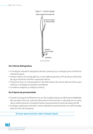 Atenção à Saúde do Recém-Nascido
Guia para os Profissionais de Saúde
162
Ministério da Saúde
Fonte: MS/SAS.
8.6.3 Hérnia diafragmática
•	A intubação traqueal é obrigatória devido à presença ou à evolução para insuficiência
respiratória grave.
•	Sempre colocar uma sonda gástrica, a mais calibrosa possível, a fim de aliviar a distensão
das alças intestinais e facilitar a expansão torácica.
•	O paciente deve ser transportado em decúbito lateral, do mesmo lado da hérnia, para
melhorar a ventilação do pulmão contralateral.
•	Considerar analgesia ou sedação contínua.
8.6.4 Apneia da prematuridade
•	Durante o transporte do RN pré-termo, um dos cuidados básicos se refere à permeabilidade
das vias aéreas. Para isso, o pescoço deve estar em leve extensão. A colocação de um coxim
sob os ombros durante o transporte facilita o posicionamento correto da cabeça do RN.
•	As drogas usadas para estimular o centro respiratório (xantinas) devem ser administradas
antes do início do transporte.
Se houver apneia recorrente, realizar intubação traqueal.
Figura11–Sistemareplogle
 