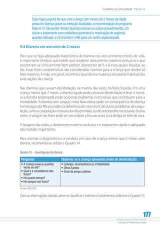 Atenção à Saúde do Recém-Nascido
Guia para os Profissionais de Saúde
177
Cuidados na Comunidade 9 Capítulo
Caso haja suspeita de que uma criança com menos de 2 meses de idade
possa ter doença grave ou infecção localizada, a recomendação do programa
Aidpi é (1) não perder tempo fazendo exames ou outros procedimentos; (2)
iniciar o tratamento com antibiótico parenteral e medicação de urgência,
quando indicado; e (3) transferir o RN para um centro especializado.
9.4 Diarreia em menores de 2 meses
Para que se faça adequado diagnóstico de diarreia nos dois primeiros meses de vida,
é importante lembrar que bebês que recebem aleitamento materno exclusivo e que
encontram-se clinicamente bem podem apresentar de 6 a 8 evacuações líquidas ao
dia. Essas fezes características são consideradas normais para a criança que recebe só
leite materno. A mãe, em geral, reconhece quando há mudança no padrão habitual das
evacuações da criança.
Nas diarreias que causam desidratação, na maioria das vezes, há fezes líquidas. Em uma
criança menor que 2 meses, a diarreia aguda pode provocar desidratação e levar à morte.
Já a diarreia prolongada pode ocasionar problemas nutricionais que contribuem para a
mortalidade. A diarreia com sangue, nesta faixa etária, pode ser consequência de doença
hemorrágica do RN secundária à deﬁciência de vitamina K, de outros problemas de coagu-
lação, como a coagulação intravascular disseminada, ou de enterocolite necrosante. Outras
vezes, o sangue nas fezes pode ser secundário a ﬁssuras anais ou à alergia ao leite de vaca.
A lavagem das mãos, o aleitamento materno exclusivo e o tratamento rápido e adequado
são medidas importantes.
Para orientar o diagnóstico e a conduta em caso de criança menor que 2 meses com
diarreia, recomenda-se utilizar o Quadro 14.
Quadro14 – Investigaçãodediarreia
Perguntar Observar se a criança apresenta sinais de desidratação:
•	A criança evacua quantas
vezes ao dia?
•	Qual é a consistência das
fezes?
•	Há quanto tempo?
•	Há sangue nas fezes?
•	Letargia, inconsciência ou irritabilidade
•	Olhos fundos
•	Sinal da prega cutânea
Fonte: MS/SAS.
Com as informações obtidas, deve-se classificar e orientar o tratamento conforme o Quadro 15.
 