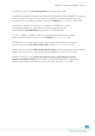 Atenção à Saúde do Recém-Nascido
Guia para os Profissionais de Saúde
95
Cuidados no Alojamento Conjunto 4 Capítulo
14. KLAUS, M. H.; KLAUS, P. H.Your amazing newborn. Cambridge: Perseus, 1998.
15. AMERICAN ACADEMY OF PEDIATRICS TASK FORCE ON SUDDEN INFANT DEATH SYNDROME. The changing
concept of sudden infant death syndrome: diagnostic coding shifts, controversies regarding the sleep
environment, and new variables to consider in reducing risk. Pediatrics, [S.l.], v. 116, n. 5, p. 1245-55, 2005.
16. NUNES, M. L.; MARTINS, M. P.; NELSON, E. A. S.; COWAN, S. CAFFERATA, M. L.; COSTA,
J. C. Orientações adotadas nas maternidades dos hospitais-escola do Brasil, sobre
posição de dormir. Cad. Saúde Pública, Rio de Janeiro, v. 18, p. 883-886. 2002.
17. HUNT, L.; FLEMING, P.; GOLDING, J. Does the supine sleeping positioning have any adverse
effects on the child? : health in the frst six months. Pediatrics, [S.l.], v. 101, n. 1, p. 5, 1998.
18. TABLIZO, M. A. et al. Supine sleeping position does not cause clinical aspiration in neonates in
hospital nursey nurseries. Arch. Pediatr. Adolesc. Med., Chicago, v. 161, n. 5, p. 507-510, 2007.
19. BRASIL. Ministério da Saúde. Caderneta de saúde da criança: passaporte da cidadania. Brasília: Ministério
da Saúde, 2009. Disponível em: http://dtr2001.saude.gov.br/editora/. Acesso em: 31 out. 2009.
20. BRASIL. Ministério da Saúde. Agenda de compromissos para a saúde integral da criança e
redução da mortalidade infantil. Brasília: Ministério da Saúde, 2004. Disponível em: http://portal.
saude.gov.br/portal/arquivos/pdf/agenda_compro_crianca.pdf. Acesso em: 31 out. 2009.
 