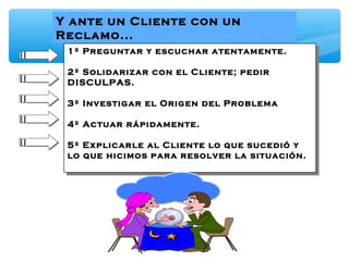 1º Preguntar y escuchar atentamente.
2º Solidarizar con el Cliente; pedir
DISCULPAS.
3º Investigar el Origen del Problema
4º Actuar rápidamente.
5º Explicarle al Cliente lo que sucedió y
lo que hicimos para resolver la situación.
1º Preguntar y escuchar atentamente.
2º Solidarizar con el Cliente; pedir
DISCULPAS.
3º Investigar el Origen del Problema
4º Actuar rápidamente.
5º Explicarle al Cliente lo que sucedió y
lo que hicimos para resolver la situación.
Y ante un Cliente con un
Reclamo...
 