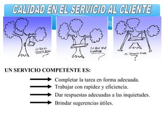 UN SERVICIO COMPETENTE ES:
Completar la tarea en forma adecuada.
Trabajar con rapidez y eficiencia.
Dar respuestas adecuadas a las inquietudes.
Brindar sugerencias útiles.
 