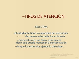 Lic. Psic. Elaine de Vargas- Seminario "Dificultades de Aprendizaje" -Nov-2011 TIPOS   DE   ATENCIÓN SELECTIVA El   estudiante   tiene   la   capacidad   de   seleccionar de   manera   adecuada   los   estímulos propuestos   en   una   tarea,   esto   quiere decir   que   puede   mantener   la   concentración sin   que   los   estímulos   ajenos   lo   distraigan. 
