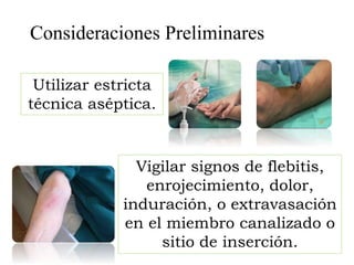 Consideraciones Preliminares
Utilizar estricta
técnica aséptica.
Vigilar signos de flebitis,
enrojecimiento, dolor,
induración, o extravasación
en el miembro canalizado o
sitio de inserción.
 