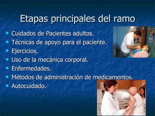 Etapas principales del ramo Cuidados de Pacientes adultos. Técnicas de apoyo para el paciente. Ejercicios.  Uso de la mecánica corporal. Enfermedades. Métodos de administración de medicamentos. Autocuidado. 