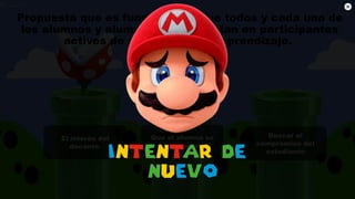 Propuesta que es fundamental que todos y cada uno de
los alumnos y alumnas se conviertan en participantes
activos de sus proceso de aprendizaje.
Buscar el
compromiso del
estudiante
El interés del
docente.
Que el alumno se
equivoque.
 