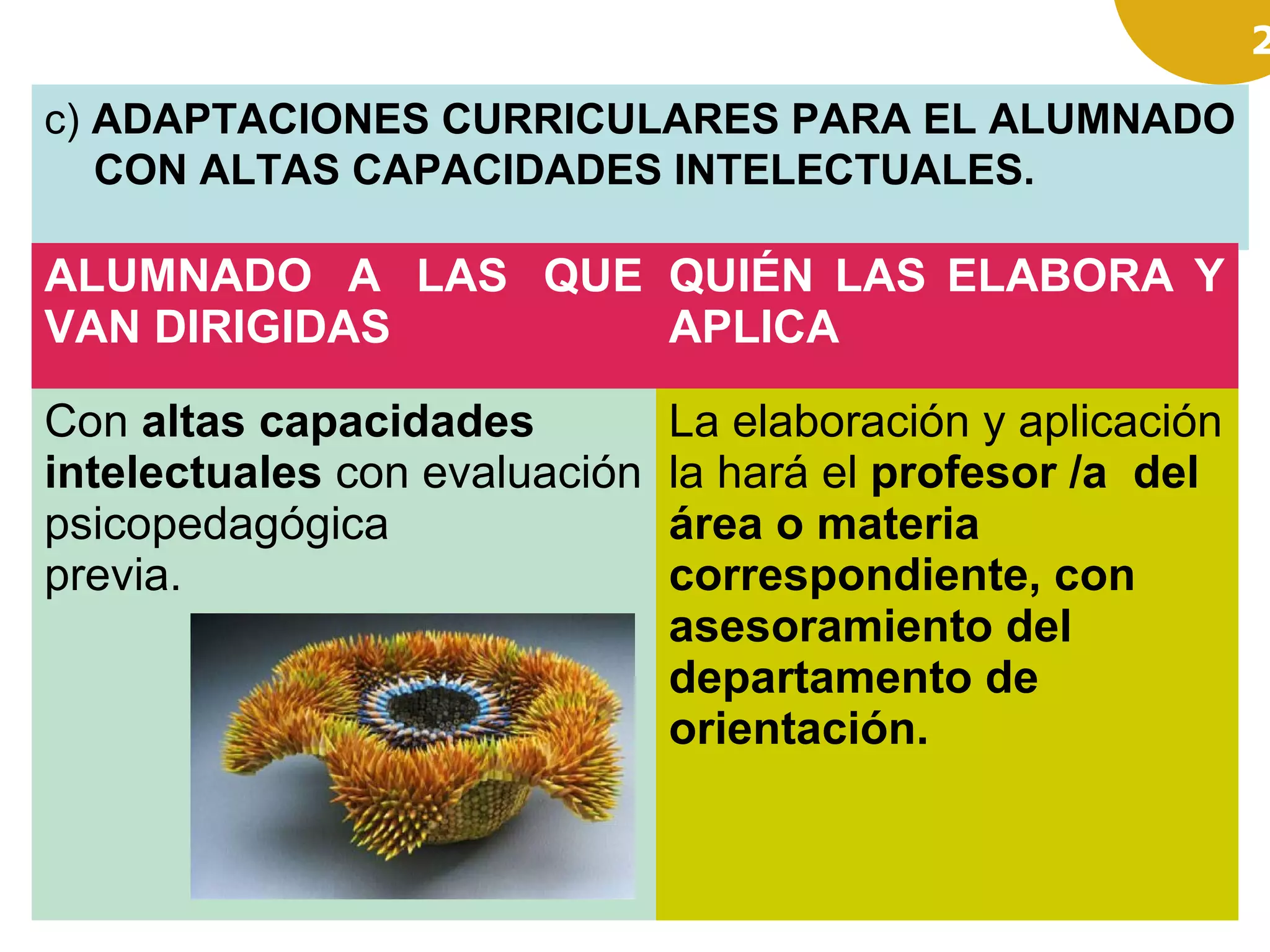 2
c) ADAPTACIONES CURRICULARES PARA EL ALUMNADO
CON ALTAS CAPACIDADES INTELECTUALES.
ALUMNADO A LAS QUE
VAN DIRIGIDAS
QUIÉN LAS ELABORA Y
APLICA
Con altas capacidades
intelectuales con evaluación
psicopedagógica
previa.
La elaboración y aplicación
la hará el profesor /a del
área o materia
correspondiente, con
asesoramiento del
departamento de
orientación.
 