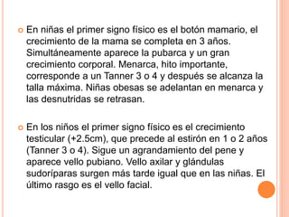  En niñas el primer signo físico es el botón mamario, el
crecimiento de la mama se completa en 3 años.
Simultáneamente aparece la pubarca y un gran
crecimiento corporal. Menarca, hito importante,
corresponde a un Tanner 3 o 4 y después se alcanza la
talla máxima. Niñas obesas se adelantan en menarca y
las desnutridas se retrasan.
 En los niños el primer signo físico es el crecimiento
testicular (+2.5cm), que precede al estirón en 1 o 2 años
(Tanner 3 o 4). Sigue un agrandamiento del pene y
aparece vello pubiano. Vello axilar y glándulas
sudoríparas surgen más tarde igual que en las niñas. El
último rasgo es el vello facial.
 