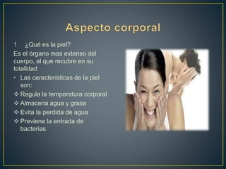 1. ¿Qué es la piel? 
Es el órgano mas extenso del 
cuerpo, al que recubre en su 
totalidad 
• Las características de la piel 
son: 
 Regula la temperatura corporal 
 Almacena agua y grasa 
 Evita la perdida de agua 
 Previene la entrada de 
bacterias 
 