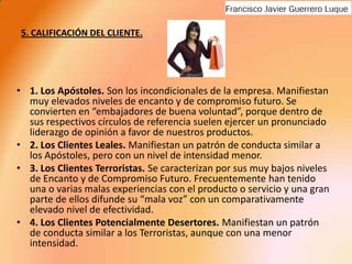 5. CALIFICACIÓN DEL CLIENTE.1. Los Apóstoles. Son los incondicionales de la empresa. Manifiestan muy elevados niveles de encanto y de compromiso futuro. Se convierten en “embajadores de buena voluntad”, porque dentro de sus respectivos círculos de referencia suelen ejercer un pronunciado liderazgo de opinión a favor de nuestros productos.2. Los Clientes Leales. Manifiestan un patrón de conducta similar a los Apóstoles, pero con un nivel de intensidad menor.3. Los Clientes Terroristas. Se caracterizan por sus muy bajos niveles de Encanto y de Compromiso Futuro. Frecuentemente han tenido una o varias malas experiencias con el producto o servicio y una gran parte de ellos difunde su “mala voz” con un comparativamente elevado nivel de efectividad.4. Los Clientes Potencialmente Desertores. Manifiestan un patrón de conducta similar a los Terroristas, aunque con una menor intensidad.