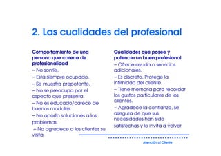 2. Las cualidades del profesional
Comportamiento de una             Cualidades que posee y
persona que carece de             potencia un buen profesional
profesionalidad                   − Ofrece ayuda o servicios
− No sonríe.                      adicionales.
− Está siempre ocupado.           − Es discreto. Protege la
− Se muestra prepotente.          intimidad del cliente.
− No se preocupa por el           − Tiene memoria para recordar
aspecto que presenta.             los gustos particulares de los
− No es educado/carece de         clientes.
buenos modales.                   − Agradece la confianza, se
− No aporta soluciones a los      asegura de que sus
                                  necesidades han sido
problemas.
                                  satisfechas y le invita a volver.
− No agradece a los clientes su
visita.
                                               Atención al Cliente
 