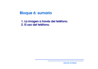 Bloque 6: sumario

1. La imagen a través del teléfono.
2. El uso del teléfono.




                               Atención al Cliente
 