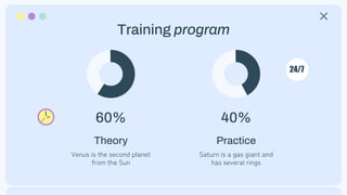 Training program
60%
Theory
40%
Practice
Venus is the second planet
from the Sun
Saturn is a gas giant and
has several rings
 
