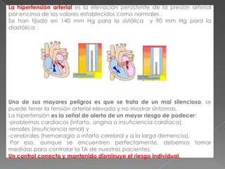 La hipertensión arterial es la elevación persistente de la presión arterial
por encima de los valores establecidos como normales .
Se han fijado en 140 mm Hg para la sistólica y 90 mm Hg para la
diastólica .




Uno de sus mayores peligros es que se trata de un mal silencioso, se
puede tener la tensión arterial elevada y no mostrar síntomas.
La hipertensión es la señal de alerta de un mayor riesgo de padecer:
-problemas cardíacos (infarto, angina o insuficiencia cardíaca),
-renales (insuficiencia renal) y
-cerebrales (hemorragia o infarto cerebral y a la larga demencia),
 Por eso, aunque se encuentren perfectamente, debemos tomar
medidas para controlar la TA de nuestros pacientes.
Un control correcto y mantenido disminuye el riesgo individual.
 