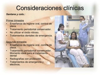 Consideraciones clínicas Santana y cols.:  Primer trimestre Enseñanza de higiene oral, control de placa. Tratamiento periodontal conservador. No utilizar el óxido nitroso. Tratamientos dentales de emergencia. Segundo trimestre Enseñanza de higiene oral, control de placa. Tratamiento periodontal conservador. Momento ideal para el tratamiento dental Radiografías con protección  Tratamientos de emergencia y electivos. 