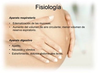 Aparato respiratorio Edematización de las mucosas. Aumento del volumen de aire circulante; menor volumen de reserva espiratorio. Fisiología Aparato digestivo Apetito. Náuseas y vómitos Estreñimiento, dolores abdominales leves. 