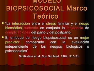 MODELO
  BIOPSICOSOCIAL Marco
                   Teórico
 “La interacción entre el stress familiar y el riesgo
  biomédico aumenta en conjunto la incidencia de
  complicaciones del parto y del postparto.
 El enfoque de riesgo biopsicosocial es un mejor
  predictor    comparado      con    la     evaluación
  independiente de los riesgos biológicos o
  psicosociales”
          Smilkstein et al. Soc Sci Med. 1984; 315-21
 
