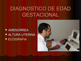 DIAGNOSTICO DE EDAD
      GESTACIONAL

 AMENORREA
 ALTURA UTERINA
 ECOGRAFIA
 