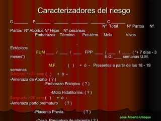 Caracterizadores del riesgo
G _______  P _______ _______ ________ _______ C _______
                                               Nº Total Nº Partos                 Nº
Partos Nº Abortos Nº Hijos Nº cesáreas
            Embarazos Término.       Pre-térm. Mola     Vivos

                                      .
Ectópicos
              FUM ____ / ____ / ____ FPP ____ / ____ / ____ ( “+ 7 días - 3
meses”)                                       E.G. ____ semanas U.M.

                    M.F.        ( )       + ó - Presentes a partir de las 18 - 19
semanas
Sangrado <20 sem ( ) + ó -
-Amenaza de Aborto ( ? )
                 -Embarazo Ectópico ( ? )

                    -Mola Hidatiforme. ( ? )
Sangrado >20 sem ( ) + ó -
-Amenaza parto prematuro   (?)

            -Placenta Previa.               (?)
                                                               José Alberto Ulloque
 