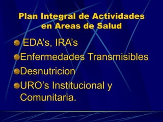 Plan Integral de Actividades
en Areas de Salud
EDA’s, IRA’s
Enfermedades Transmisibles
Desnutricion
URO’s Institucional y
...