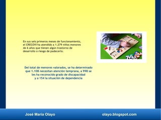 José María Olayo olayo.blogspot.com
En sus seis primeros meses de funcionamiento,
el CRECOVI ha atendido a 1.279 niños menores
de 6 años que tienen algún trastorno de
desarrollo o riesgo de padecerlo.
Del total de menores valorados, se ha determinado
que 1.108 necesitan atención temprana, a 998 se
les ha reconocido grado de discapacidad
y a 154 la situación de dependencia
 