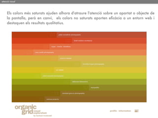 atenció visual




     Els colors més saturats ajuden alhora d'atraure l'atenció sobre un apartat o objecte de
     la pantalla, però en canvi, els colors no saturats aporten eﬁcàcia a un entorn web i
     destaquen els resultats qualitatius.
 
