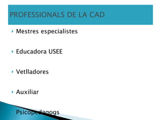 PROFESSIONALS DE LA CAD Mestres especialistes Educadora USEE Vetlladores Auxiliar Psicopedagogs 