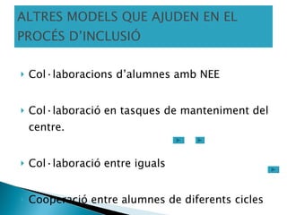 ALTRES MODELS QUE AJUDEN EN EL PROCÉS D’INCLUSIÓ Col·laboracions d’alumnes amb NEE Col·laboració en tasques de manteniment del centre. Col·laboració entre iguals  Cooperació entre alumnes de diferents cicles 