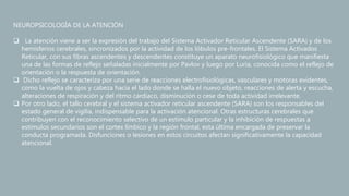 NEUROPSICOLOGÍA DE LA ATENCIÓN
 La atención viene a ser la expresión del trabajo del Sistema Activador Reticular Ascendente (SARA) y de los
hemisferios cerebrales, sincronizados por la actividad de los lóbulos pre-frontales. El Sistema Activados
Reticular, con sus fibras ascendentes y descendentes constituye un aparato neurofisiológico que manifiesta
una de las formas de reflejo señaladas inicialmente por Pavlov y luego por Luria, conocida como el reflejo de
orientación o la respuesta de orientación.
 Dicho reflejo se caracteriza por una serie de reacciones electrofisiológicas, vasculares y motoras evidentes,
como la vuelta de ojos y cabeza hacia el lado donde se halla el nuevo objeto, reacciones de alerta y escucha,
alteraciones de respiración y del ritmo cardiaco, disminución o cese de toda actividad irrelevante.
 Por otro lado, el tallo cerebral y el sistema activador reticular ascendente (SARA) son los responsables del
estado general de vigilia, indispensable para la activación atencional. Otras estructuras cerebrales que
contribuyen con el reconocimiento selectivo de un estímulo particular y la inhibición de respuestas a
estímulos secundarios son el cortex límbico y la región frontal, esta última encargada de preservar la
conducta programada. Disfunciones o lesiones en estos circuitos afectan significativamente la capacidad
atencional.
 