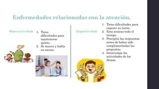Enfermedades relacionadas con la atención.
Hiperactividad: 1. Tiene
dificultades para
mantenerse
quieto.
2. Se mueve y habla
en exceso.
Impulsividad:
1. Tiene dificultades para
esperar su turno.
2. Esta ansioso todo el
tiempo.
3. Precipita las respuestas
antes de haber sido
complementadas las
preguntas.
4. Interrumpe las
actividades de los
demás.
 