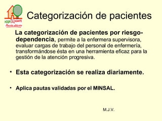 Categorización de pacientes La categorización de pacientes por riesgo-dependencia ,  permite a la enfermera supervisora, evaluar cargas de trabajo del personal de enfermería, transformándose ésta en una herramienta eficaz para la gestión de la atención progresiva. Esta categorización se realiza diariamente. Aplica pautas validadas por el MINSAL. M.J.V. 