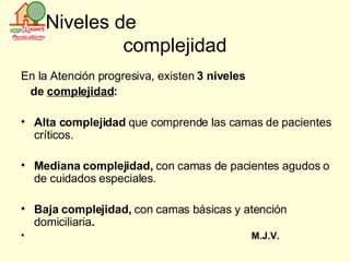 Niveles de  complejidad En la Atención progresiva, existen  3 niveles  de  complejidad : Alta complejidad  que comprende las camas de pacientes   críticos. Mediana complejidad,  con camas de pacientes agudos o de   cuidados especiales. Baja complejidad,  con camas básicas y atención domiciliaria . M.J.V. 