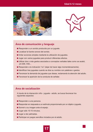17
Edad 6-12 meses
Área de socialización
A través de la interacción niño - juguete - adulto, se busca favorecer los
siguientes aspectos:
Responder a una persona.
Responder en respuesta a un estímulo proporcionado por un objeto o juguete.
Sonreír a su imagen ante el espejo.
Jugar sólo 10-15 minutos.
Jugar a dar palmadas.
Participar en juegos sencillos iniciados por el adulto.
Área de comunicación y lenguaje
Responder a un sonido producido por un juguete.
Localizar la fuente sonora del sonido.
Imitar acciones simples mediante la utilización de juguetes.
Jugar con varios juguetes para producir diferentes efectos.
Utilizar dos o más gestos asociados a conceptos verbales tales como se acabó,
ya está, más...
Responder a la indicación “no” (dejar de hacer algo momentáneamente).
Identificar tres juguetes cuando se dice su nombre con palabras o gestos.
Favorecer la demanda de juguetes que desea, reclamando la atención del adulto.
Favorecer la aparición de la conducta de señalar.
 
