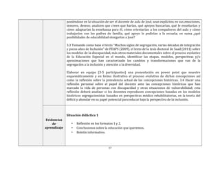 17
poniéndose en la situación de ser el docente de aula de José, sean explícitos en sus emociones,
temores, deseos; analicen que creen que harían, qué apoyos buscarían, qué le enseñarían y
cómo adaptarían la enseñanza para él, cómo orientarían a los compañeros del aula y cómo
trabajarían con los padres de familia, qué apoyo le pedirían a la escuela; en suma ¿qué
posibilidades de educabilidad otorgarían a José?
3.3 Tomando como base el texto “Muchos siglos de segregación, varias décadas de integración
y pocos años de Inclusión” de FEAPS (2009), el texto de la tesis doctoral de Saad (2011) sobre
los modelos de la discapacidad, más otros materiales documentales sobre el proceso evolutivo
de la Educación Especial en el mundo, identificar las etapas, modelos, perspectivas y/o
aproximaciones que han caracterizado los cambios y transformaciones que van de la
segregación a la inclusión y atención a la diversidad.
Elaborar en equipo (3-5 participantes) una presentación en power point que muestre
esquemáticamente y en forma ilustrativa el proceso evolutivo de dichas concepciones así
como la reflexión sobre la prevalencia actual de las concepciones históricas. 3.4 Hacer una
reflexión personal sobre el papel del docente ante las concepciones históricas que han
marcado la vida de personas con discapacidad y otras situaciones de vulnerabilidad; esta
reflexión deberá analizar si los docentes reproducen concepciones basadas en los modelos
históricos segregacionistas basados en perspectivas médico rehabilitatorias, en la teoría del
déficit y ahondar en su papel potencial para educar bajo la perspectiva de la inclusión.
Evidencias
de
aprendizaje
Situación didáctica 1
• Reflexión en los formatos 1 y 2.
• Conclusiones sobre la educación que queremos.
• Boletín informativo.
 
