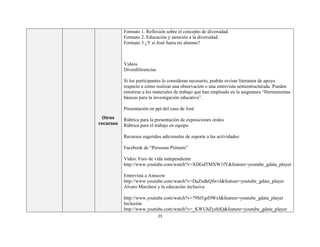23
Otros
recursos
Formato 1. Reflexión sobre el concepto de diversidad.
Formato 2. Educación y atención a la diversidad.
Formato 3 ¿Y si José fuera mi alumno?
Videos
Diverdiferencias
Si los participantes lo consideran necesario, podrán revisar literatura de apoyo
respecto a cómo realizar una observación o una entrevista semiestructurada. Pueden
remitirse a los materiales de trabajo que han empleado en la asignatura “Herramientas
básicas para la investigación educativa”.
Presentación en ppt del caso de José
Rúbrica para la presentación de exposiciones orales
Rúbrica para el trabajo en equipo
Recursos sugeridos adicionales de soporte a las actividades:
Facebook de “Personas Primero”
Video: Foro de vida independiente
http://www.youtube.com/watch?v=XDGdTMXW1fY&feature=youtube_gdata_player
Entrevista a Ainscow
http://www.youtube.com/watch?v=DaZndkQfwvI&feature=youtube_gdata_player
Alvaro Marchesi y la educación inclusiva
http://www.youtube.com/watch?v=79Sf1grDWxI&feature=youtube_gdata_player
Inclusión
http://www.youtube.com/watch?v=_KWUhZyzhIQ&feature=youtube_gdata_player
 