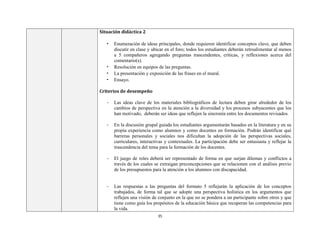 35
Situación didáctica 2
• Enumeración de ideas principales, donde requieren identificar conceptos clave, que deben
discutir en clase y ubicar en el foro; todos los estudiantes deberán retroalimentar al menos
a 5 compañeros agregando preguntas trascendentes, críticas, y reflexiones acerca del
comentario(s).
• Resolución en equipos de las preguntas.
• La presentación y exposición de las frases en el mural.
• Ensayo.
Criterios de desempeño
- Las ideas clave de los materiales bibliográficos de lectura deben girar alrededor de los
cambios de perspectiva en la atención a la diversidad y los procesos subyacentes que los
han motivado, deberán ser ideas que reflejen la sincronía entre los documentos revisados.
- En la discusión grupal guiada los estudiantes argumentarán basados en la literatura y en su
propia experiencia como alumnos y como docentes en formación. Podrán identificar qué
barreras personales y sociales nos dificultan la adopción de las perspectivas sociales,
curriculares, interactivas y contextuales. La participación debe ser entusiasta y reflejar la
trascendencia del tema para la formación de los docentes.
- El juego de roles deberá ser representado de forma en que surjan dilemas y conflictos a
través de los cuales se extraigan preconcepciones que se relacionen con el análisis previo
de los presupuestos para la atención a los alumnos con discapacidad.
- Las respuestas a las preguntas del formato 5 reflejarán la aplicación de los conceptos
trabajados, de forma tal que se adopte una perspectiva holística en los argumentos que
reflejen una visión de conjunto en la que no se pondera a un participante sobre otros y que
tiene como guía los propósitos de la educación básica que recuperan las competencias para
la vida.
 