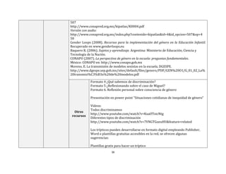 38
507
http://www.conapred.org.mx/kipatlas/K0004.pdf
Versión con audio:
http://www.conapred.org.mx/index.php?contenido=kipatlas&id=4&id_opcion=507&op=4
50
Gender Loops (2008). Recursos para la implementación del género en la Educación Infantil.
Recuperado en www.genderloops.eu
Baquero R. (2006). Sujetos y aprendizaje. Argentina: Ministerio de Educación, Ciencia y
Tecnología de la Nación.
CONAPO (2007). La perspectiva de género en la escuela: preguntas fundamentales.
México: CONAPO en: http://www.conapo.gob.mx
Moreno, E. La transmisión de modelos sexistas en la escuela. DGESPE.
http://www.dgespe.sep.gob.mx/sites/default/files/genero/PDF/GEN%20O1/G_01_02_La%
20transmisi%C3%B3n%20de%20modelos.pdf
Otros
recursos
Formato 4 ¿Qué sabemos de discriminación?
Formato 5 ¿Reflexionando sobre el caso de Miguel?
Formato 6. Reflexión personal sobre consciencia de género
Presentación en power point “Situaciones cotidianas de inequidad de género”
Videos:
Todos discriminamos
http://www.youtube.com/watch?v=KuaOToicNtg
Diferentes tipos de discriminación
http://www.youtube.com/watch?v=7VNGTGueuHU&feature=related
Los trípticos pueden desarrollarse en formato digital empleando Publisher,
Word o plantillas gratuitas accesibles en la red, se ofrecen algunas
sugerencias:
Plantillas gratis para hacer un tríptico
 