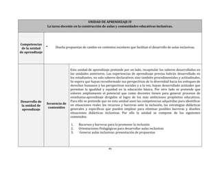 49
UNIDAD DE APRENDIZAJE IV
La tarea docente en la construcción de aulas y comunidades educativas inclusivas.
Competencias
de la unidad
de aprendizaje
 Diseña propuestas de cambio en contextos escolares que facilitan el desarrollo de aulas inclusivas.
Desarrollo de
la unidad de
aprendizaje
Secuencia de
contenidos
Esta unidad de aprendizaje pretende por un lado, recapitular los saberes desarrollados en
las unidades anteriores. Las experiencias de aprendizaje previas habrán desarrollado en
los estudiantes, no solo saberes declarativos sino también procedimentales y actitudinales.
Se espera que hayan reconformado sus perspectivas de la diversidad hacia los enfoques de
derechos humanos y las perspectivas sociales y a la vez, hayan desarrollado actitudes que
permitan la igualdad y equidad en la educación básica. Por otro lado se pretende que
valoren ampliamente el potencial que como docentes tienen para generar procesos de
enseñanza-aprendizaje dirigidos al logro de los más ambiciosos propósitos educativos.
Para ello se pretende que en esta unidad usen las competencias adquiridas para identificar
en situaciones reales los recursos y barreras ante la inclusión, las estrategias didácticas
generales y específicas que pueden emplear para eliminar posibles barreras y diseñen
situaciones didácticas inclusivas. Por ello la unidad se compone de los siguientes
contenidos:
1. Recursos y barreras para la promover la inclusión
2. Orientaciones Pedagógicas para desarrollar aulas inclusivas
3. Generar aulas inclusivas: presentación de propuestas
 
