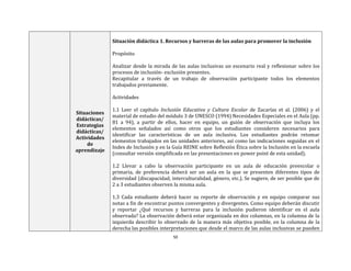 50
Situaciones
didácticas/
Estrategias
didácticas/
Actividades
de
aprendizaje
Situación didáctica 1. Recursos y barreras de las aulas para promover la inclusión
Propósito
Analizar desde la mirada de las aulas inclusivas un escenario real y reflexionar sobre los
procesos de inclusión- exclusión presentes.
Recapitular a través de un trabajo de observación participante todos los elementos
trabajados previamente.
Actividades
1.1 Leer el capítulo Inclusión Educativa y Cultura Escolar de Zacarías et al. (2006) y el
material de estudio del módulo 3 de UNESCO (1994) Necesidades Especiales en el Aula (pp.
81 a 94), a partir de ellos, hacer en equipo, un guión de observación que incluya los
elementos señalados así como otros que los estudiantes consideren necesarios para
identificar las características de un aula inclusiva. Los estudiantes podrán retomar
elementos trabajados en las unidades anteriores, así como las indicaciones seguidas en el
Index de Inclusión y en la Guía REINE sobre Reflexión Ética sobre la Inclusión en la escuela
(consultar versión simplificada en las presentaciones en power point de esta unidad).
1.2 Llevar a cabo la observación participante en un aula de educación preescolar o
primaria, de preferencia deberá ser un aula en la que se presenten diferentes tipos de
diversidad (discapacidad, interculturalidad, género, etc.). Se sugiere, de ser posible que de
2 a 3 estudiantes observen la misma aula.
1.3 Cada estudiante deberá hacer su reporte de observación y en equipo comparar sus
notas a fin de encontrar puntos convergentes y divergentes. Como equipo deberán discutir
y reportar ¿Qué recursos y barreras para la inclusión pudieron identificar en el aula
observada? La observación deberá estar organizada en dos columnas, en la columna de la
izquierda describir lo observado de la manera más objetiva posible, en la columna de la
derecha las posibles interpretaciones que desde el marco de las aulas inclusivas se pueden
 