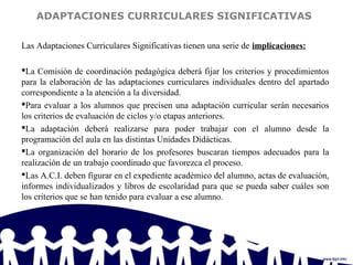 ADAPTACIONES CURRICULARES SIGNIFICATIVAS
Las Adaptaciones Curriculares Significativas tienen una serie de implicaciones:
La Comisión de coordinación pedagógica deberá fijar los criterios y procedimientos
para la elaboración de las adaptaciones curriculares individuales dentro del apartado
correspondiente a la atención a la diversidad.
Para evaluar a los alumnos que precisen una adaptación curricular serán necesarios
los criterios de evaluación de ciclos y/o etapas anteriores.
La adaptación deberá realizarse para poder trabajar con el alumno desde la
programación del aula en las distintas Unidades Didácticas.
La organización del horario de los profesores buscaran tiempos adecuados para la
realización de un trabajo coordinado que favorezca el proceso.
Las A.C.I. deben figurar en el expediente académico del alumno, actas de evaluación,
informes individualizados y libros de escolaridad para que se pueda saber cuáles son
los criterios que se han tenido para evaluar a ese alumno.
 