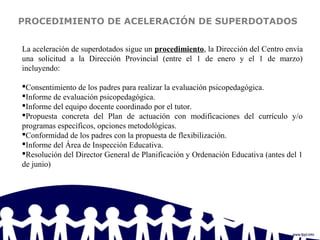 PROCEDIMIENTO DE ACELERACIÓN DE SUPERDOTADOS
La aceleración de superdotados sigue un procedimiento, la Dirección del Centro envía
una solicitud a la Dirección Provincial (entre el 1 de enero y el 1 de marzo)
incluyendo:
Consentimiento de los padres para realizar la evaluación psicopedagógica.
Informe de evaluación psicopedagógica.
Informe del equipo docente coordinado por el tutor.
Propuesta concreta del Plan de actuación con modificaciones del currículo y/o
programas específicos, opciones metodológicas.
Conformidad de los padres con la propuesta de flexibilización.
Informe del Área de Inspección Educativa.
Resolución del Director General de Planificación y Ordenación Educativa (antes del 1
de junio)
 
