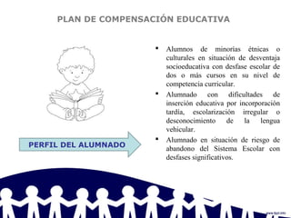 PLAN DE COMPENSACIÓN EDUCATIVA
 Alumnos de minorías étnicas o
culturales en situación de desventaja
socioeducativa con desfase escolar de
dos o más cursos en su nivel de
competencia curricular.
 Alumnado con dificultades de
inserción educativa por incorporación
tardía, escolarización irregular o
desconocimiento de la lengua
vehicular.
 Alumnado en situación de riesgo de
abandono del Sistema Escolar con
desfases significativos.
PERFIL DEL ALUMNADO
 