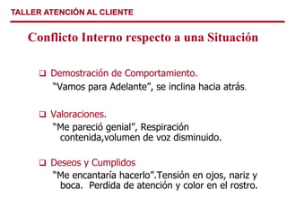 TALLER ATENCIÓN AL CLIENTE
 Demostración de Comportamiento.
“Vamos para Adelante”, se inclina hacia atrás.
 Valoraciones.
“Me pareció genial”, Respiración
contenida,volumen de voz disminuido.
 Deseos y Cumplidos
“Me encantaría hacerlo”.Tensión en ojos, nariz y
boca. Perdida de atención y color en el rostro.
Conflicto Interno respecto a una Situación
 
