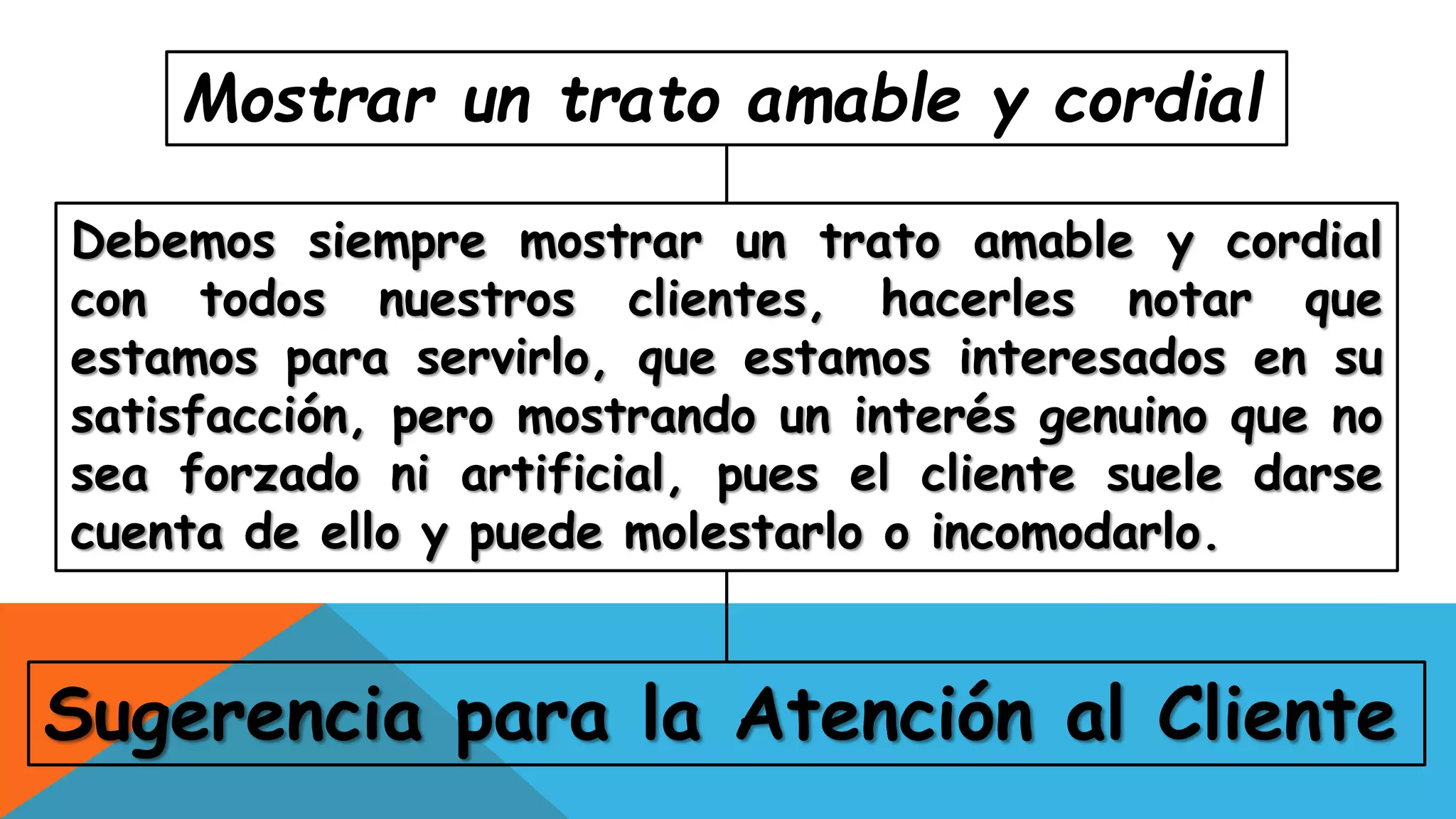 Sugerencia para la Atención al Cliente
Debemos siempre mostrar un trato amable y cordial
con todos nuestros clientes, hacerles notar que
estamos para servirlo, que estamos interesados en su
satisfacción, pero mostrando un interés genuino que no
sea forzado ni artificial, pues el cliente suele darse
cuenta de ello y puede molestarlo o incomodarlo.
Mostrar un trato amable y cordial
 
