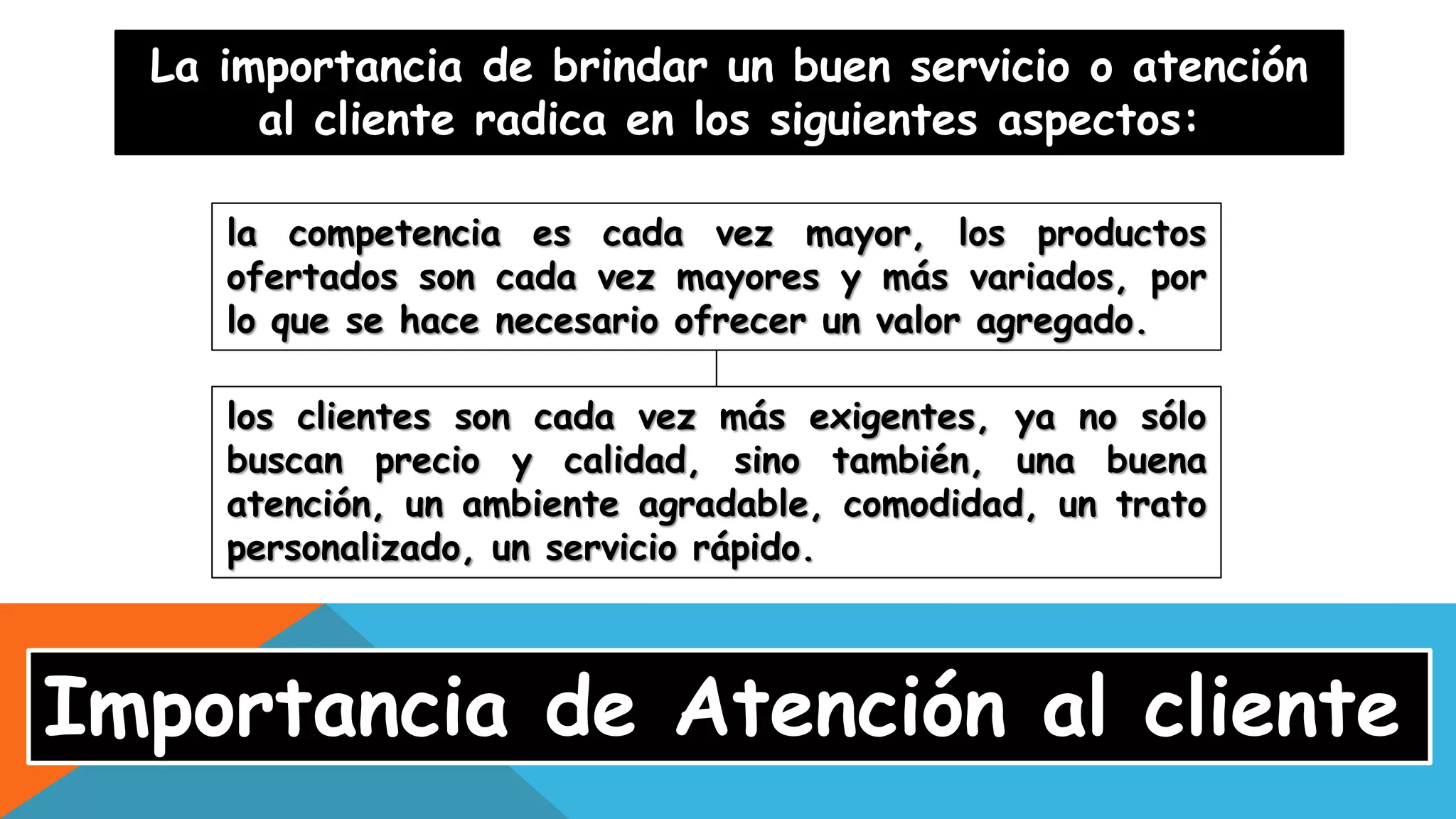 Importancia de Atención al cliente
La importancia de brindar un buen servicio o atención
al cliente radica en los siguientes aspectos:
la competencia es cada vez mayor, los productos
ofertados son cada vez mayores y más variados, por
lo que se hace necesario ofrecer un valor agregado.
los clientes son cada vez más exigentes, ya no sólo
buscan precio y calidad, sino también, una buena
atención, un ambiente agradable, comodidad, un trato
personalizado, un servicio rápido.
 