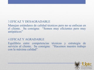 3.EFICAZ Y DESAGRADABLE
Manejan estándares de calidad técnicos pero no se enfocan en
el cliente. Su consigna: “Somos muy eficientes pero muy
antipáticos”
4.EFICAZ Y AGRADABLE
Equilibrio entre competencias técnicas y estrategia de
servicio al cliente. Su consigna: “Hacemos nuestro trabajo
con la máxima calidad”
 