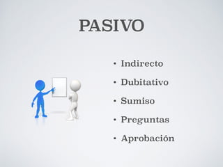 PASIVO 
• Indirecto 
• Dubitativo 
• Sumiso 
• Preguntas 
• Aprobación 
 
