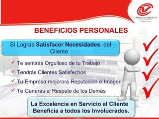 BENEFICIOS PERSONALES
 Te sentirás Orgulloso de tu Trabajo
 Tendrás Clientes Satisfechos
 Tu Empresa mejorará Reputación e Imagen
 Te Ganarás el Respeto de los Demás
La Excelencia en Servicio al Cliente
Beneficia a todos los Involucrados.
Si Logras Satisfacer Necesidades del
Cliente
 