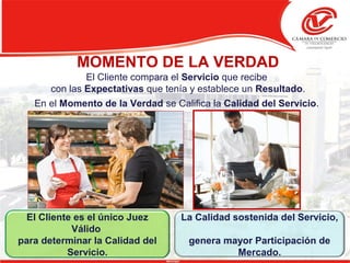 MOMENTO DE LA VERDAD
La Calidad sostenida del Servicio,
genera mayor Participación de
Mercado.
El Cliente compara el Servicio que recibe
con las Expectativas que tenía y establece un Resultado.
En el Momento de la Verdad se Califica la Calidad del Servicio.
El Cliente es el único Juez
Válido
para determinar la Calidad del
Servicio.
 